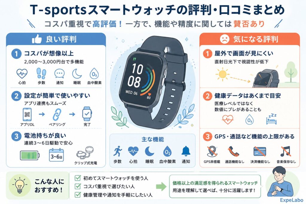 T-sportsスマートウォッチの評判・口コミまとめ