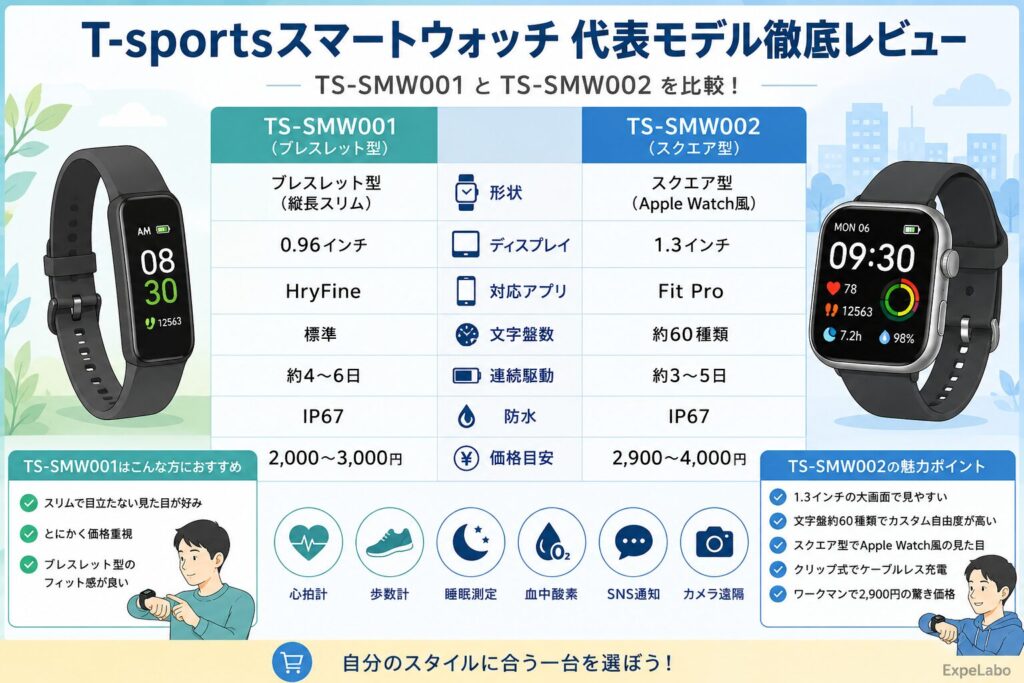T-sportsスマートウォッチの代表モデル「TS-SMW001 / TS-SMW002」レビュー