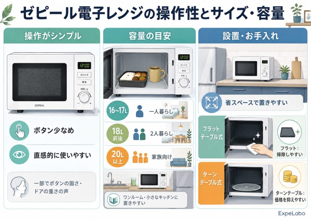 ゼピール電子レンジの操作性とサイズ・容量はどう？