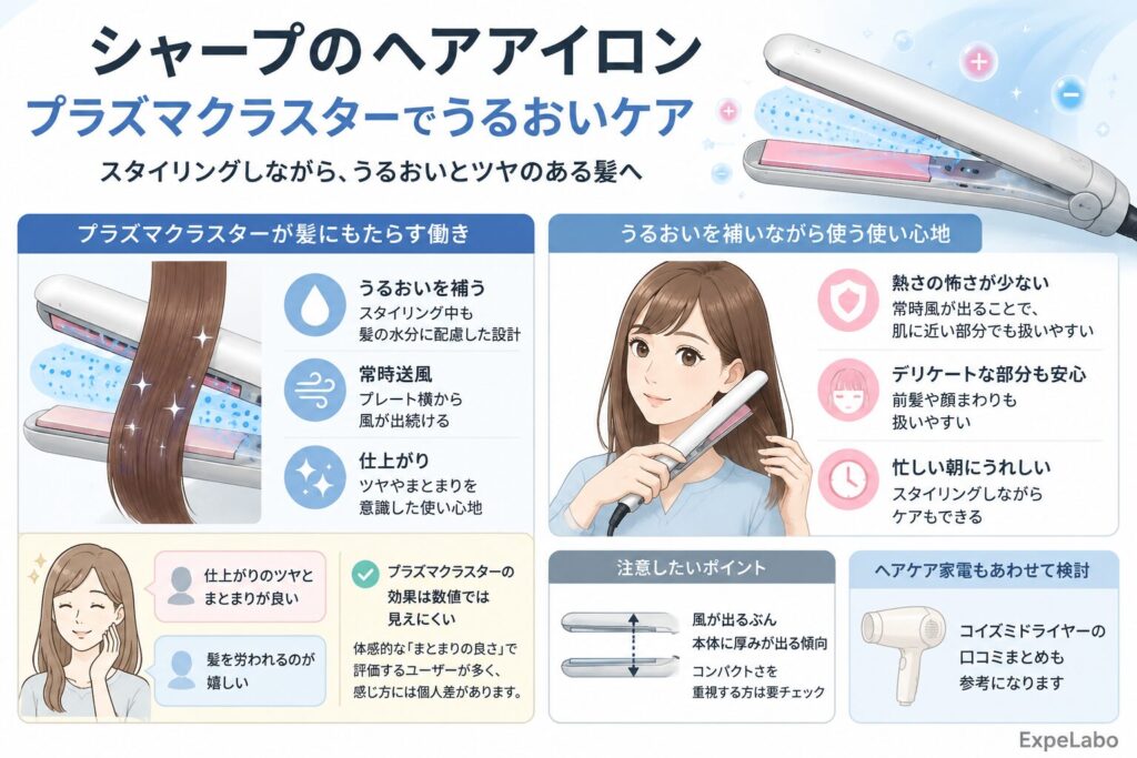 シャープのヘアアイロンのプラズマクラスター機能とうるおいケア