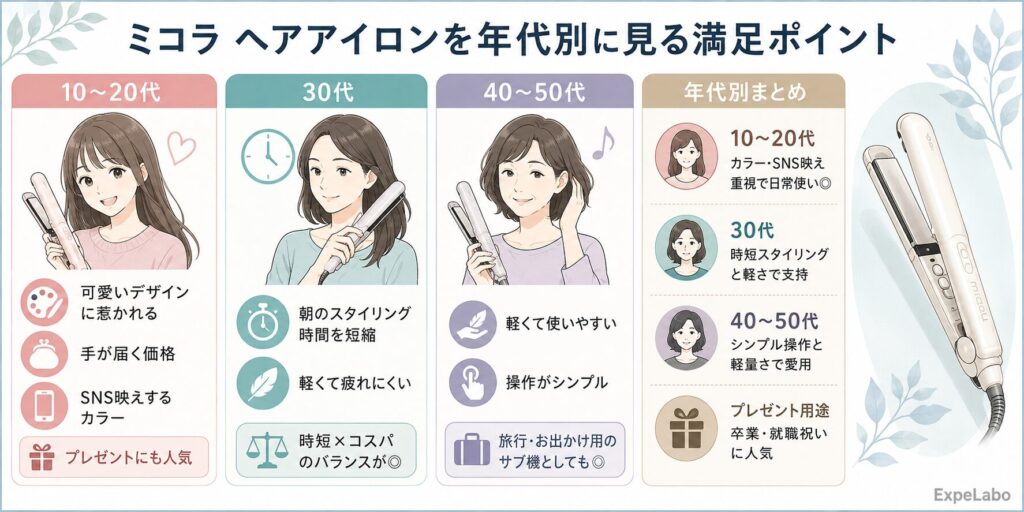 ミコラ ヘアアイロンを年代別に見る満足ポイント