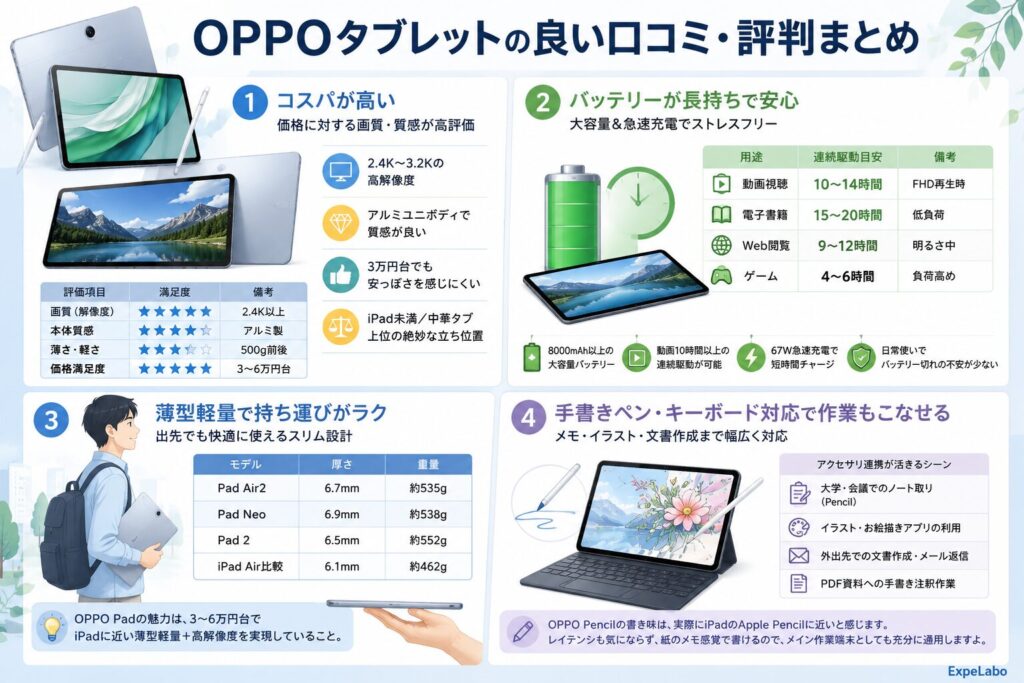 OPPOタブレットの良い口コミ・評判まとめ