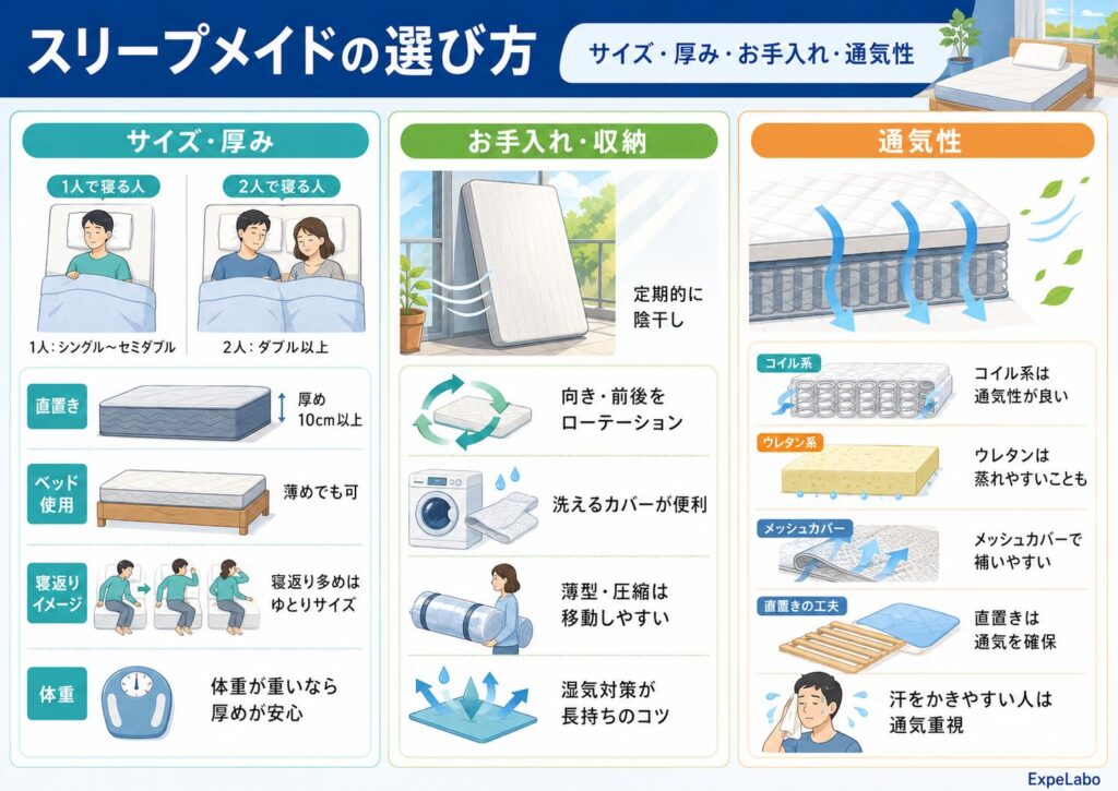 スリープメイドのサイズ・厚み・お手入れのしやすさ