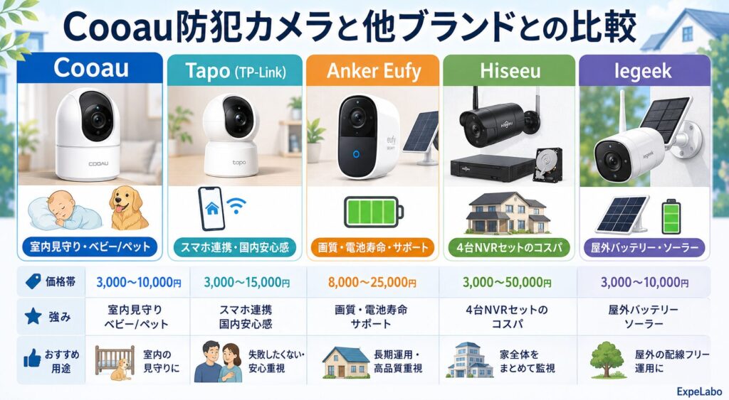 Cooau防犯カメラと他ブランドとの比較